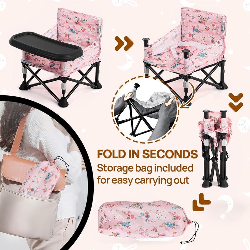AskCat Booster Seat for Kitchen Chair with Removable Tray, Portable Foldable Baby Chair for Babies 6-36 Months, Indoor Outdoor Toddler Camping Chair (Pink Floral Design) - Image 2